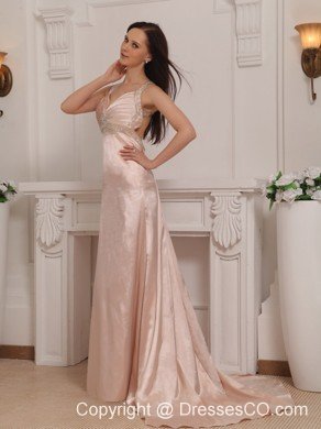 Light Pink Column Straps Brush Train Taffeta Beading Prom / Pageant Dress