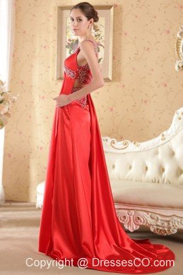 Red Column / Sheath V-neck Brush Train Taffeta Beading Prom / Evening Dress
