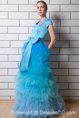 Aqua Blue Column Square Prom Dress Tuleand Taffeta Beading Long