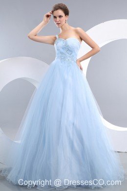 Beautiful Baby Blue A-line One Shoulder Prom / Evening Dress Tulle Appliques Long