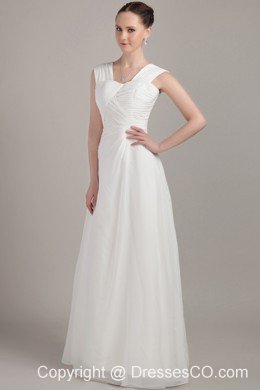 White Empire Straps Long Chiffon Ruching Bridesmaid Dress