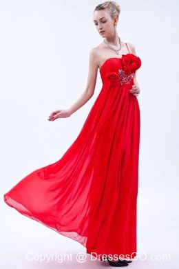 Red Empire One Shoulder Prom Dress Chiffon Beading And Hand Made Flowers Long