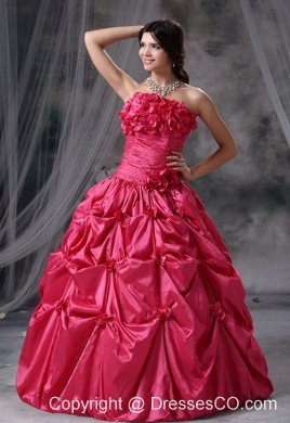 Hand Made Flowers and Pick-ups Decorate Bodice Ball Gown Coral Red Strapless Quinceanera Dress