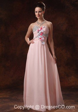 Baby Pink Beaded Decorate and Hand Made Flowers Prom Dress For Prom Party