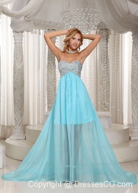 Custom Made Design Own Prom Dress With Aque Blue Beaded Brush Train For Party Style