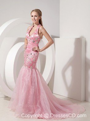 Fashionable Baby Pink Evening Dress Mermaid Halter Organza and Taffeta Beading and Appliques Brush Train