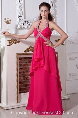 Hot Pink Empire Halter Top Chiffon Prom Dress with Beading