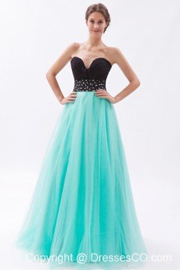 Black And Turquoise A-line Long Tulle Beading Prom Dress