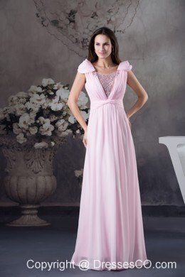 Empire Prom Dress With Long Beading Cap Sleeves Scoop Neck