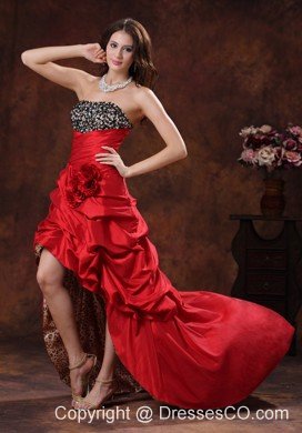 Red Leopard High-low Prom Dress Clearances With Beaded and Flowers Decorate Bust