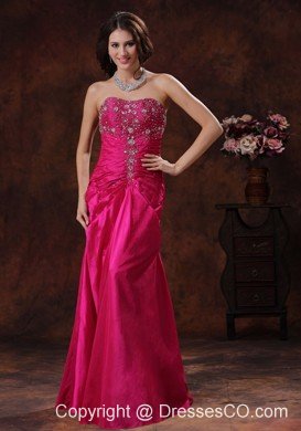 Lace-up Hot Pink Prom Dress With Beaded Decorate On Taffeta