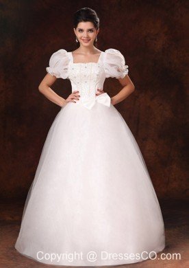 Bubble Sleeve Square Neck A-Line Bowknot Wedding Dress For Custom Made