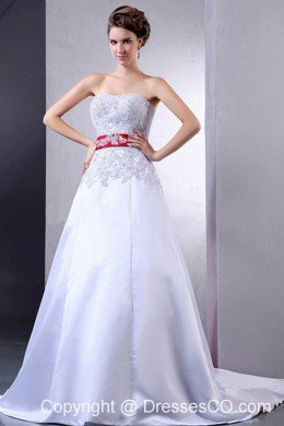 Luxurious Wedding Dress With Appliques and Red Sash Court Train For Custom Made