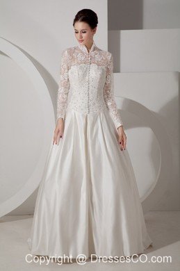 Unique A-line High-neck Brush Train Taffeta Lace Wedding Dress