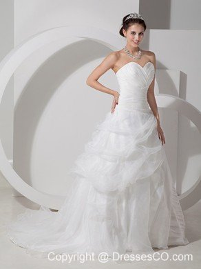 Modest A-line Brush Train Organza Ruches Wedding Dress