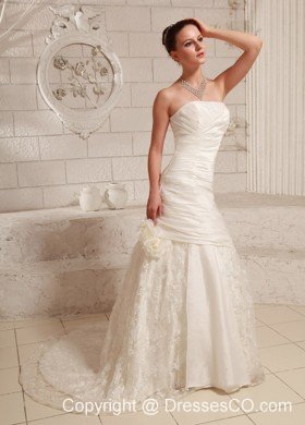 Hand Made Flower and Ruched A-line Customize Wedding Dress With Court Train Taffeta and Lace