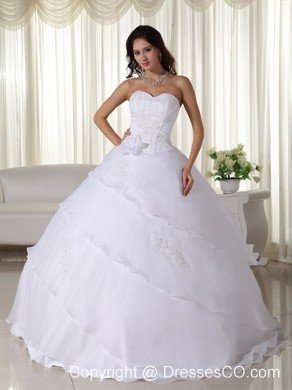 White Ball Gown Long Organza Beading Wedding Dress