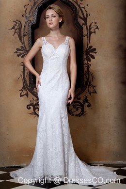 Gorgeous Column V-neck Court Train Lace Beading Wedding Dress