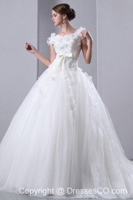 Beautiful A-line Scoop Cathedral Train Taffeta and Tulle Appliques and Hand Made Flowers Wedding Dress