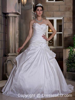 Modest Ball Gown Court Train Taffeta Hand Made Flowers Wedding Dress