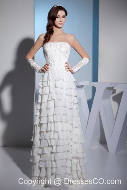 Embroidery Ruffles Layers Strapless Column Long Wedding Dress