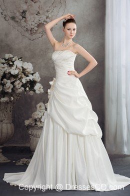 A-line Strapless Hand Made Flowers Count Train Wedding Dress
