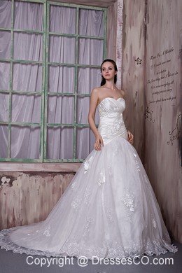 Custom Made A-line Court Train Taffeta and Lace Hand Made Flowers Wedding Dress