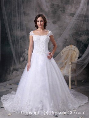White A-line Square Chapel Train Satin Lace Wedding Dress