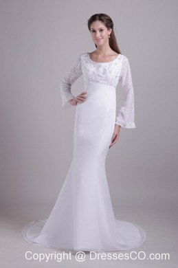 White Trumpet/Mermaid Scoop Brush Train Chiffon and Satin Embroidery Wedding Dress