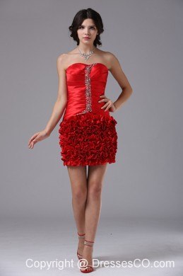 Red Ruched Bodice And Beading For Cocktail Dress Mini-length Taffeta