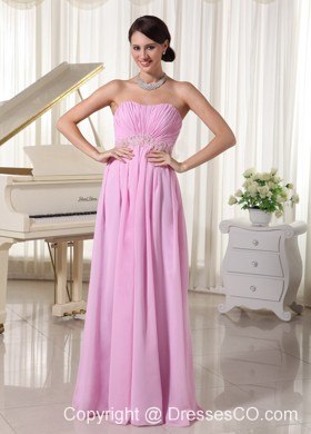 Baby Pink Chiffon Ruched Prom Dress With Appliques Decorate Waist