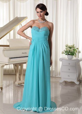 Aqua Blue Ruching Beaded Prom Dress With Brush Train Chiffon