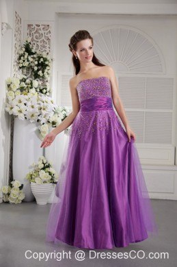 Eggplant Purple Princess Strapless Long Tulle And Taffeta Beading Prom / Graduation Dress