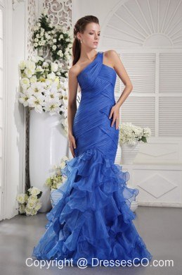 Blue Mermaid One Shoulder Long Organza Ruffles Prom / Graduation Dress