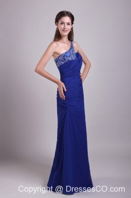 Blue Column/sheath One Shoulder Long Chiffon Appliques Prom Dress