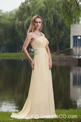 Light Yellow Empire One Shoulder Brush / Sweep Chiffon Ruched Prom Dress
