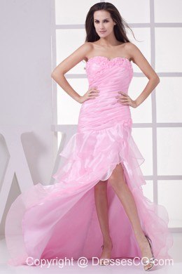 Pink High Slit Ruching and Ruffles Layers Prom Dress