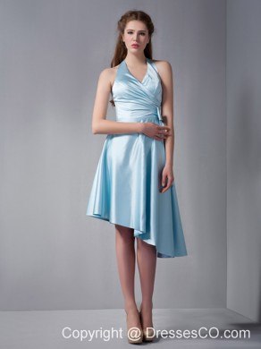 Sky Blue A-line Halter Asymmetrical Ruched Prom Dress