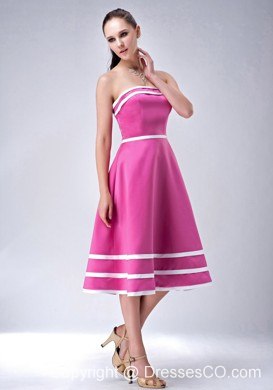 Hot Pink And White A-line / Princess Strapless Tea-length Party Dress