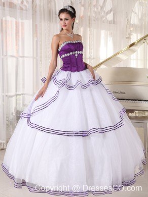 White And Purple Ball Gown Strapless Long Organza Appliques Quinceanera Dress