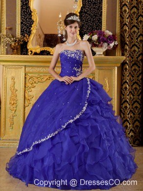 Purple Ball Gown Long Organza Appliques Bule Quinceanera Dress