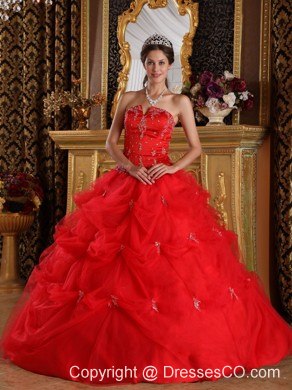 Red Ball Gown Strapless Long Pick-ups Tulle Quinceanera Dress