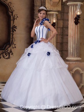White Ball Gown One Shoulder Long Satin And Tulle Hand Made Flowers Quinceanera Dress