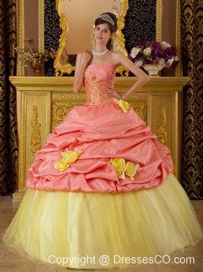 Watermelon And Yellow Ball Gown Strapless Long Taffeta And Tulle Beading Quinceanera Dress