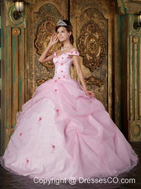 Pink Ball Gown Off The Shoulder Long Organza Appliques Quinceanera Dress