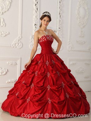 Wine Red Ball Gown Strapless Long Taffeta Appliques And Beading Quinceanera Dress