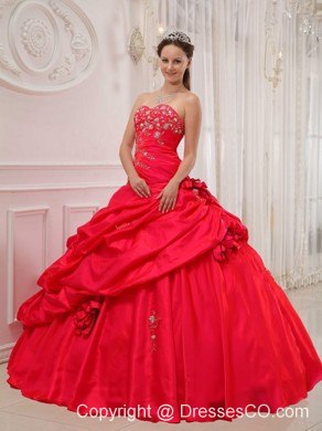 Red Ball Gown Long Taffeta Appliques Quinceanera Dress