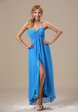 Beading And Ruching Decorate Bust High Slit Ankle-length Blue Chiffon Prom Dress