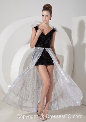Custom Made Black and Silver Prom Dress V-neck Detachable Sequins