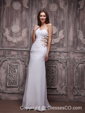 Sexy White Empire One Shoulder Prom / Evening Dress Chiffon Ruching and Beading